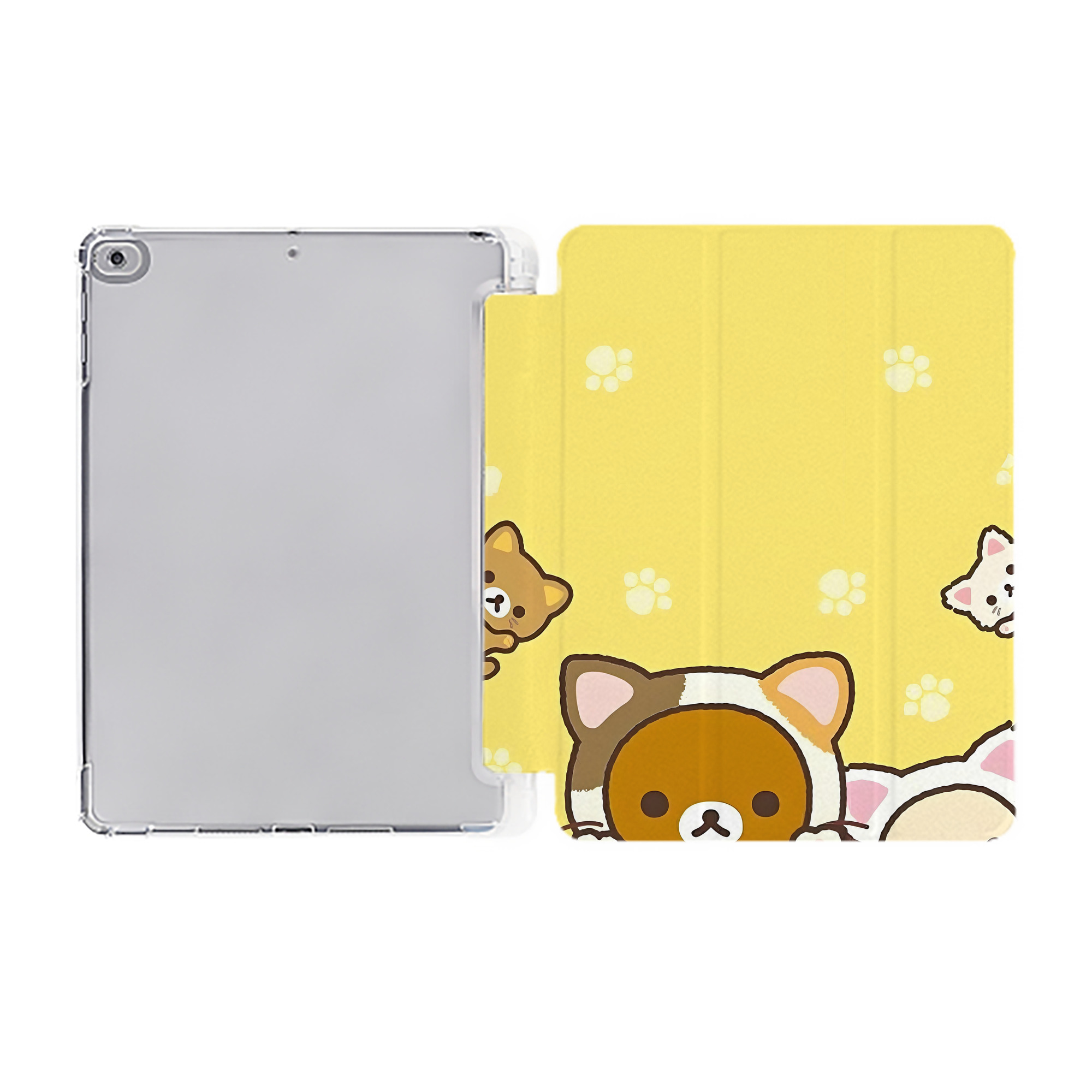（画像用） リラックマ リラックマ キイロイトリ Rilakkuma Korilakkuma Kiiroitori IPad ケース ペン収納付き 三つ折りスタンド PUレザー×シリコン 対応機種9.5/10.5/10.9インチ